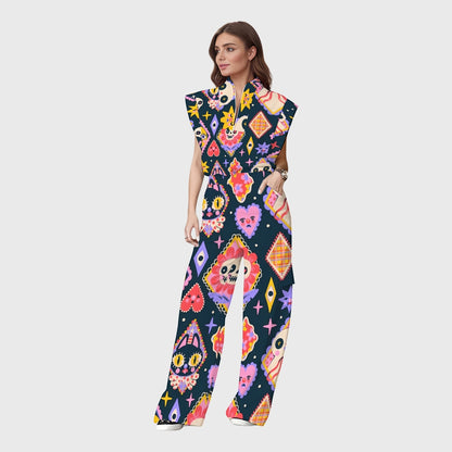 Women's Stand-Up Tie Zipper Halloween Printed Scrub Set SW9279