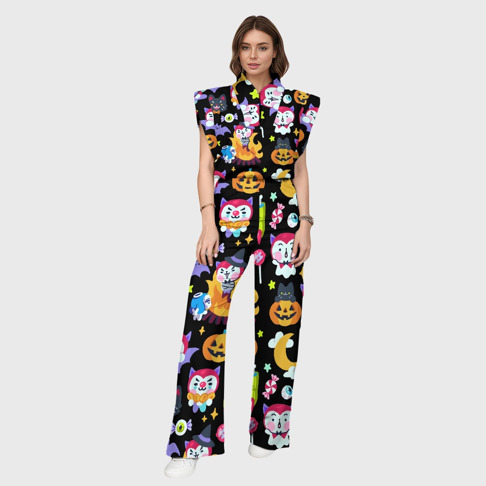 Women's Stand-Up Tie Zipper Halloween Printed Scrub Set SW92710