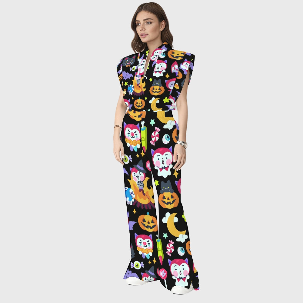 Women's Stand-Up Tie Zipper Halloween Printed Scrub Set SW92710
