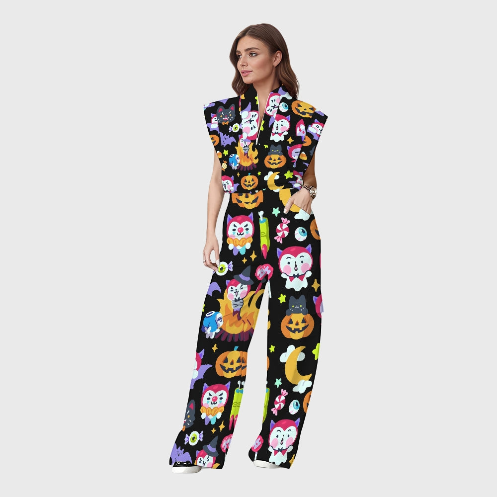 Women's Stand-Up Tie Zipper Halloween Printed Scrub Set SW92710