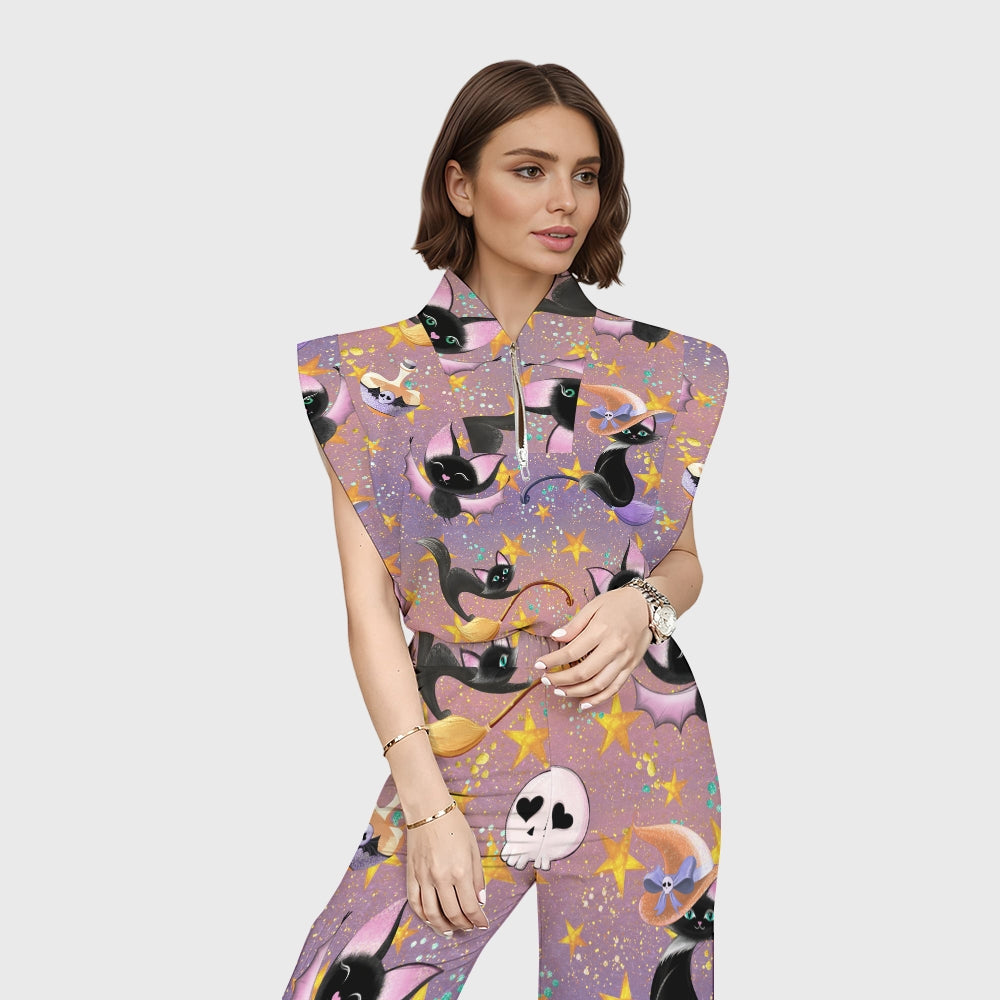 Women's Stand-Up Tie Zipper Halloween Printed Scrub Set SW92711