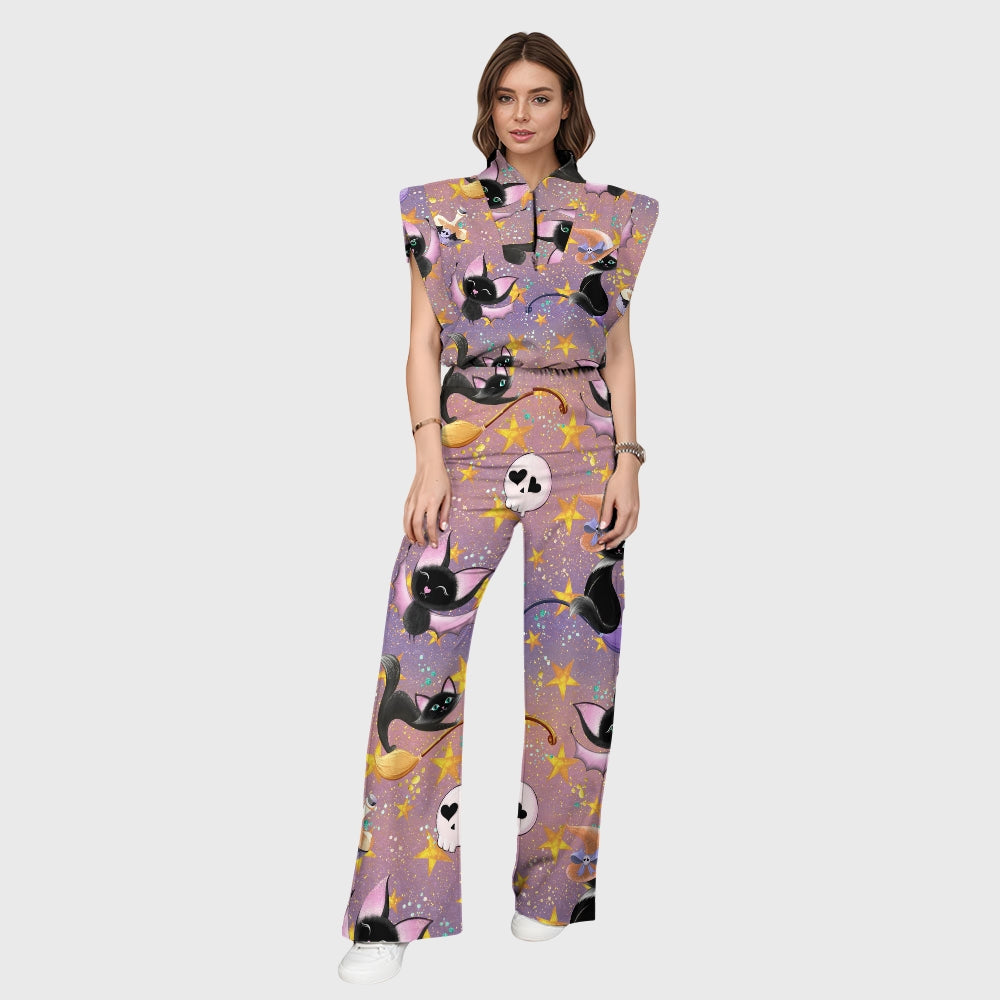 Women's Stand-Up Tie Zipper Halloween Printed Scrub Set SW92711