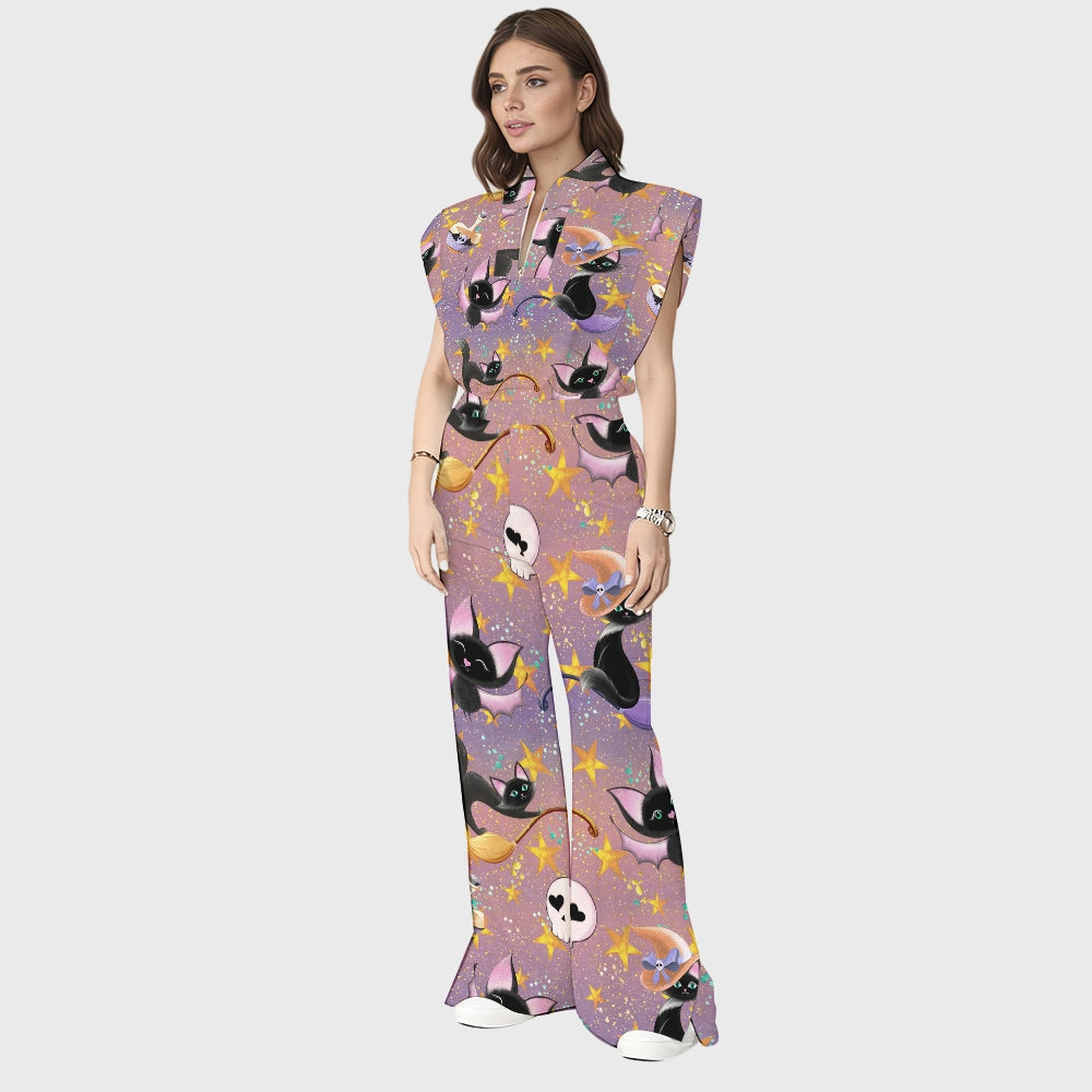Women's Stand-Up Tie Zipper Halloween Printed Scrub Set SW92711