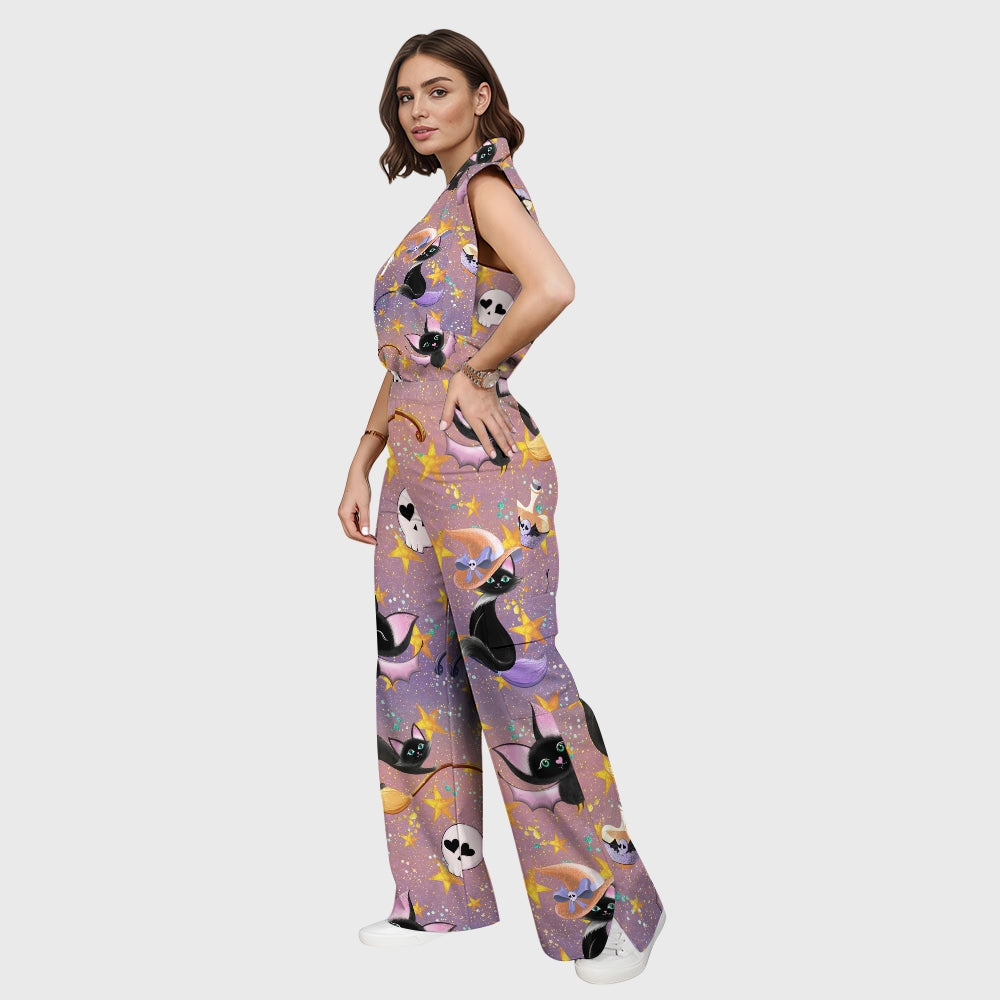 Women's Stand-Up Tie Zipper Halloween Printed Scrub Set SW92711