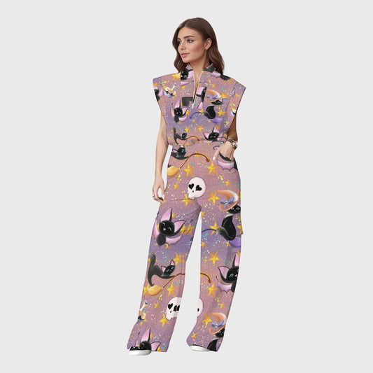 Women's Stand-Up Tie Zipper Halloween Printed Scrub Set SW92711