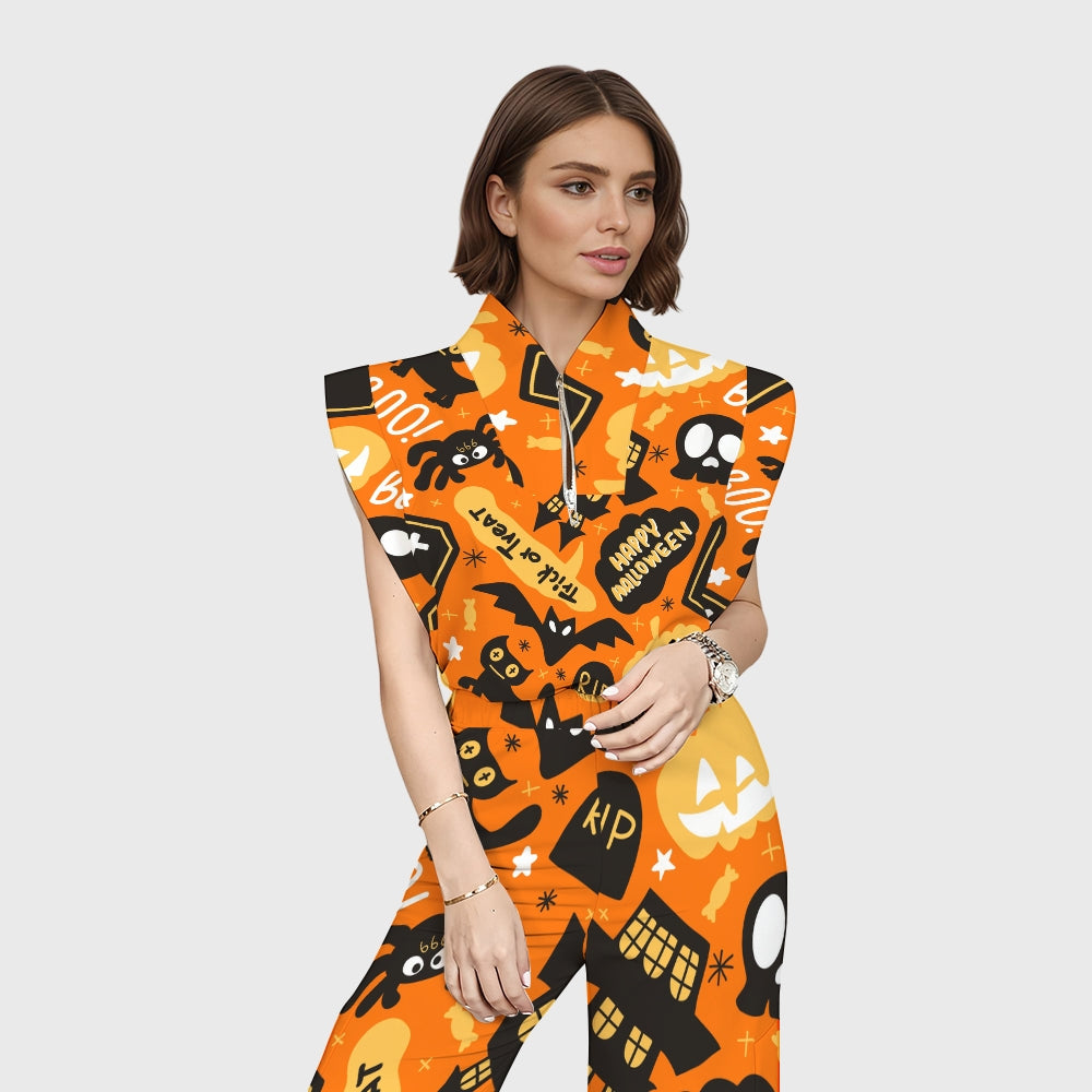 Women's Stand-Up Tie Zipper Halloween Printed Scrub Set SW92712