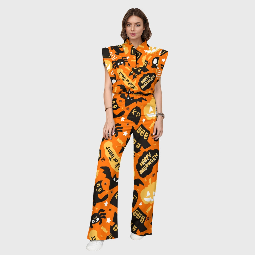 Women's Stand-Up Tie Zipper Halloween Printed Scrub Set SW92712