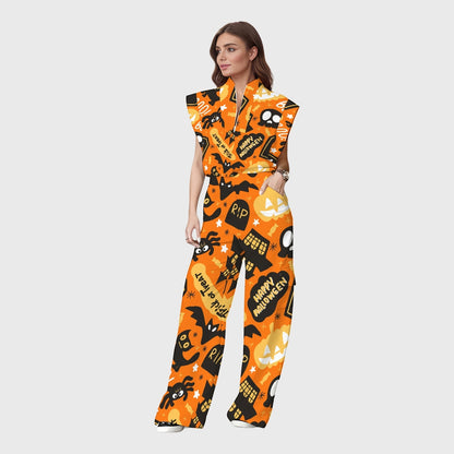 Women's Stand-Up Tie Zipper Halloween Printed Scrub Set SW92712