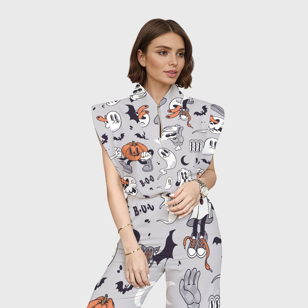 Women's Stand-Up Tie Zipper Halloween Printed Scrub Set SW92713