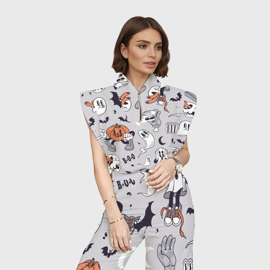 Women's Stand-Up Tie Zipper Halloween Printed Scrub Set SW92713