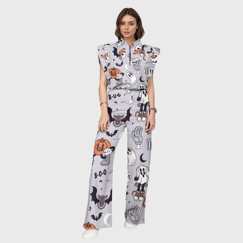 Women's Stand-Up Tie Zipper Halloween Printed Scrub Set SW92713