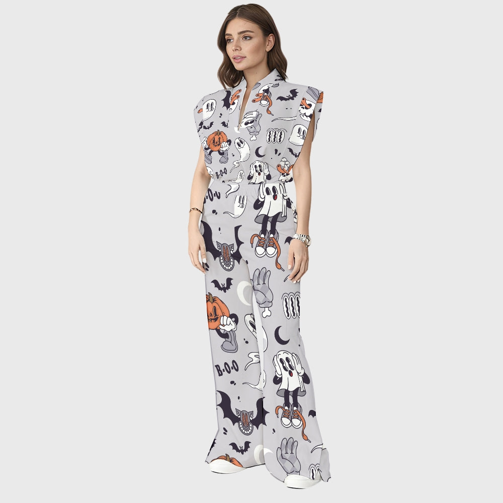 Women's Stand-Up Tie Zipper Halloween Printed Scrub Set SW92713