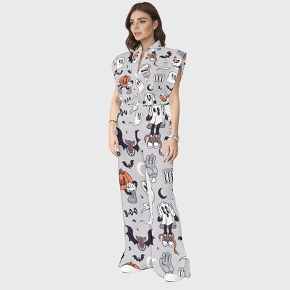 Women's Stand-Up Tie Zipper Halloween Printed Scrub Set SW92713