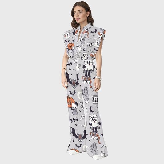 Women's Stand-Up Tie Zipper Halloween Printed Scrub Set SW92713