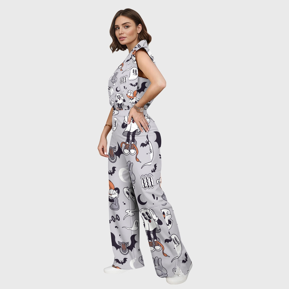 Women's Stand-Up Tie Zipper Halloween Printed Scrub Set SW92713