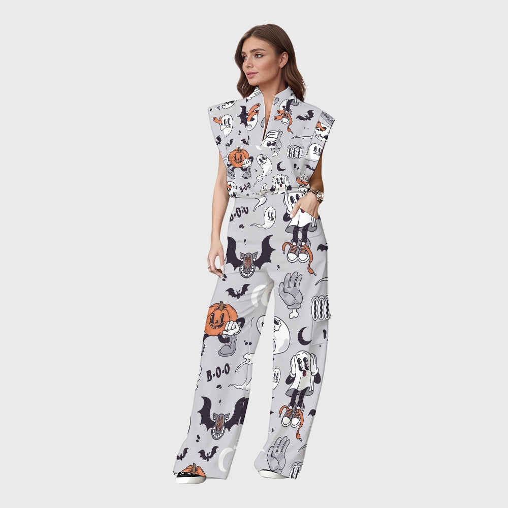 Women's Stand-Up Tie Zipper Halloween Printed Scrub Set SW92713