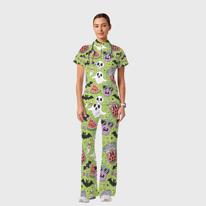 Women's Casual Shirt Collar Halloween Printed Scrub Set SJ9271