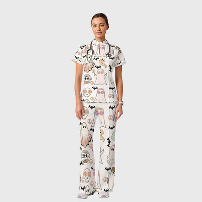 Women's Casual Shirt Collar Halloween Printed Scrub Set SJ9272