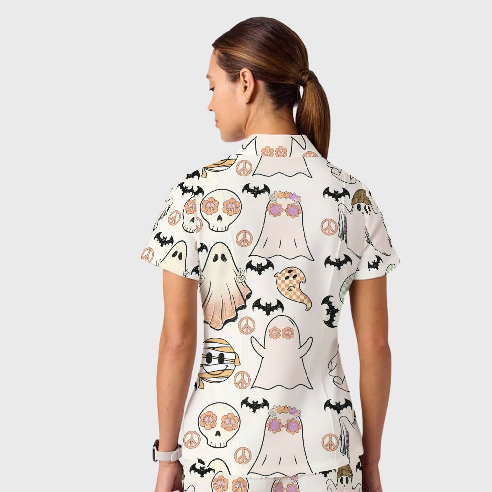 Women's Casual Shirt Collar Halloween Printed Scrub Set SJ9272