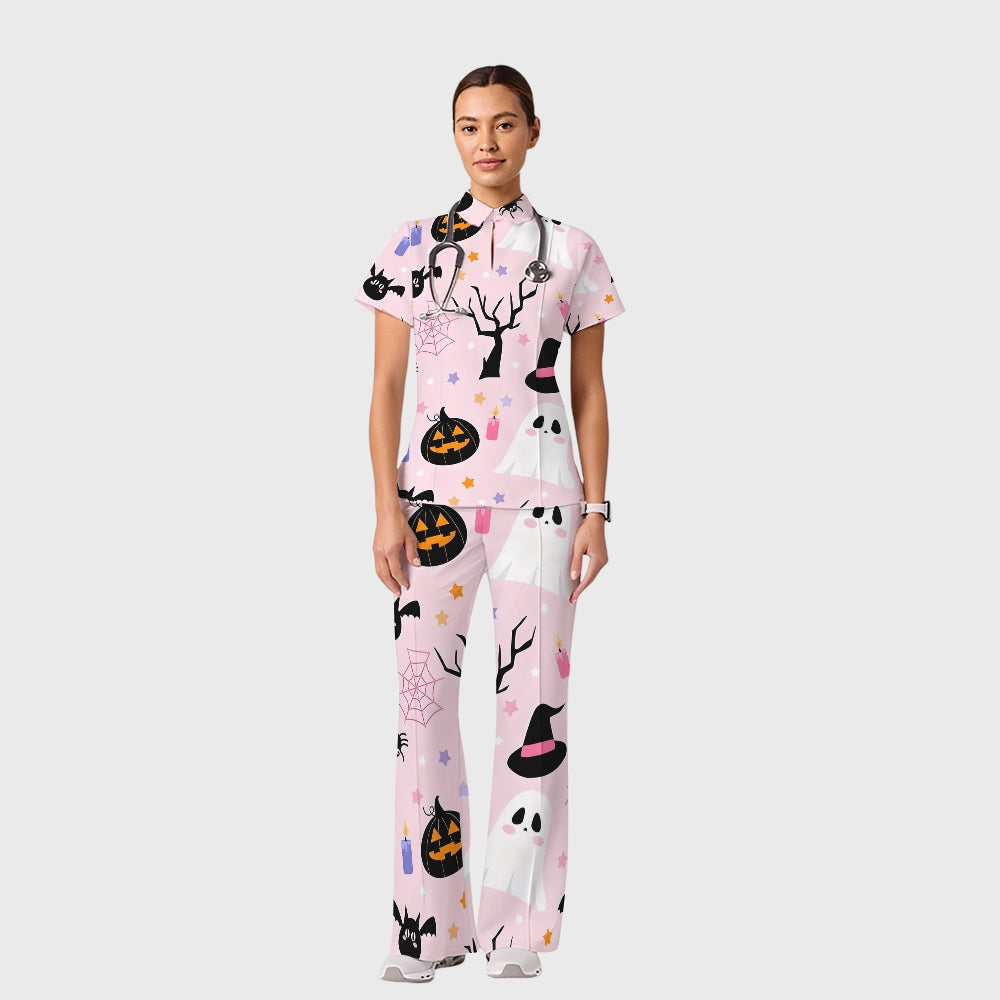 Women's Casual Shirt Collar Halloween Printed Scrub Set SJ9273