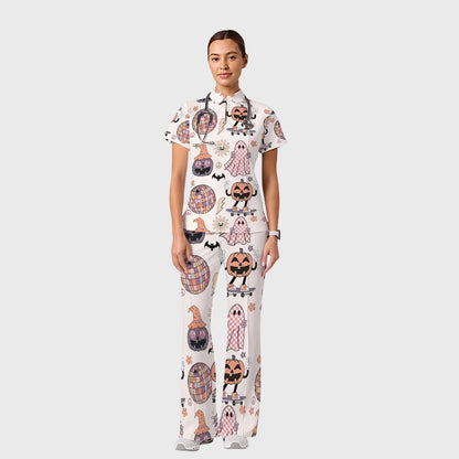 Women's Casual Shirt Collar Halloween Printed Scrub Set SJ9274