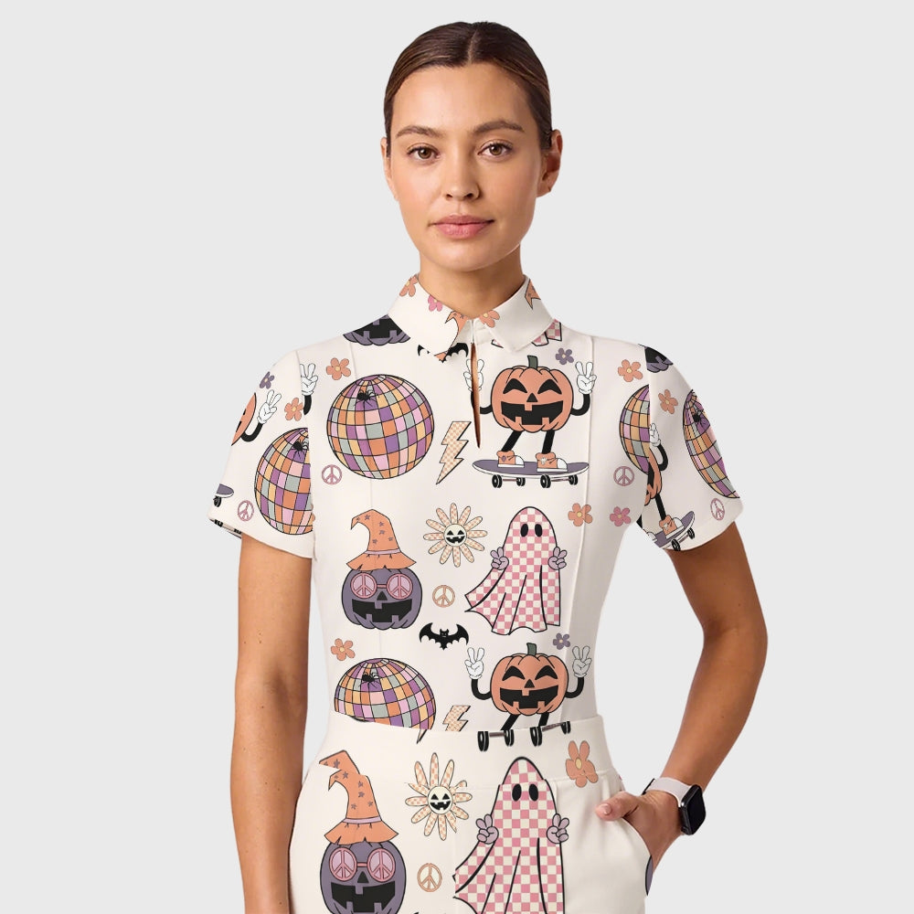 Women's Casual Shirt Collar Halloween Printed Scrub Set SJ9274