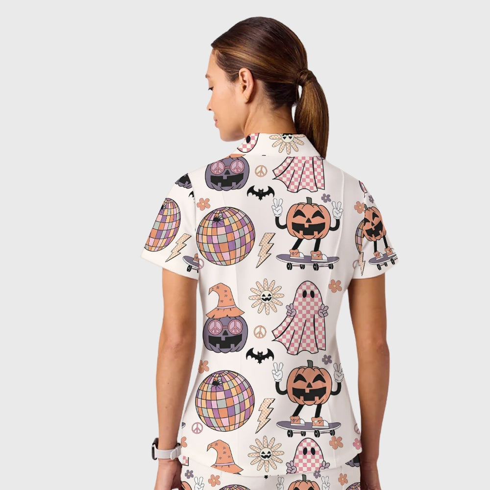 Women's Casual Shirt Collar Halloween Printed Scrub Set SJ9274