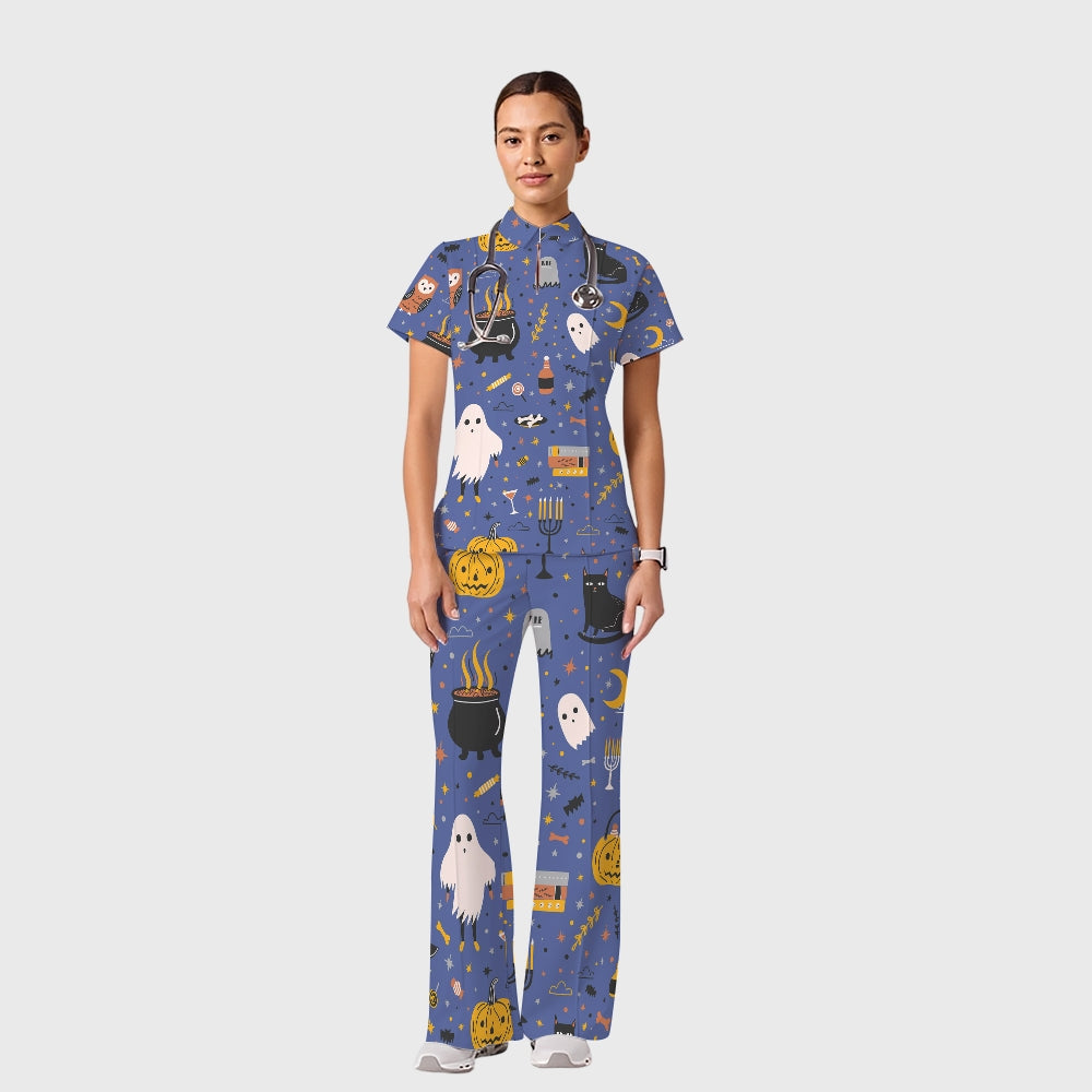 Women's Casual Shirt Collar Halloween Printed Scrub Set SJ9275