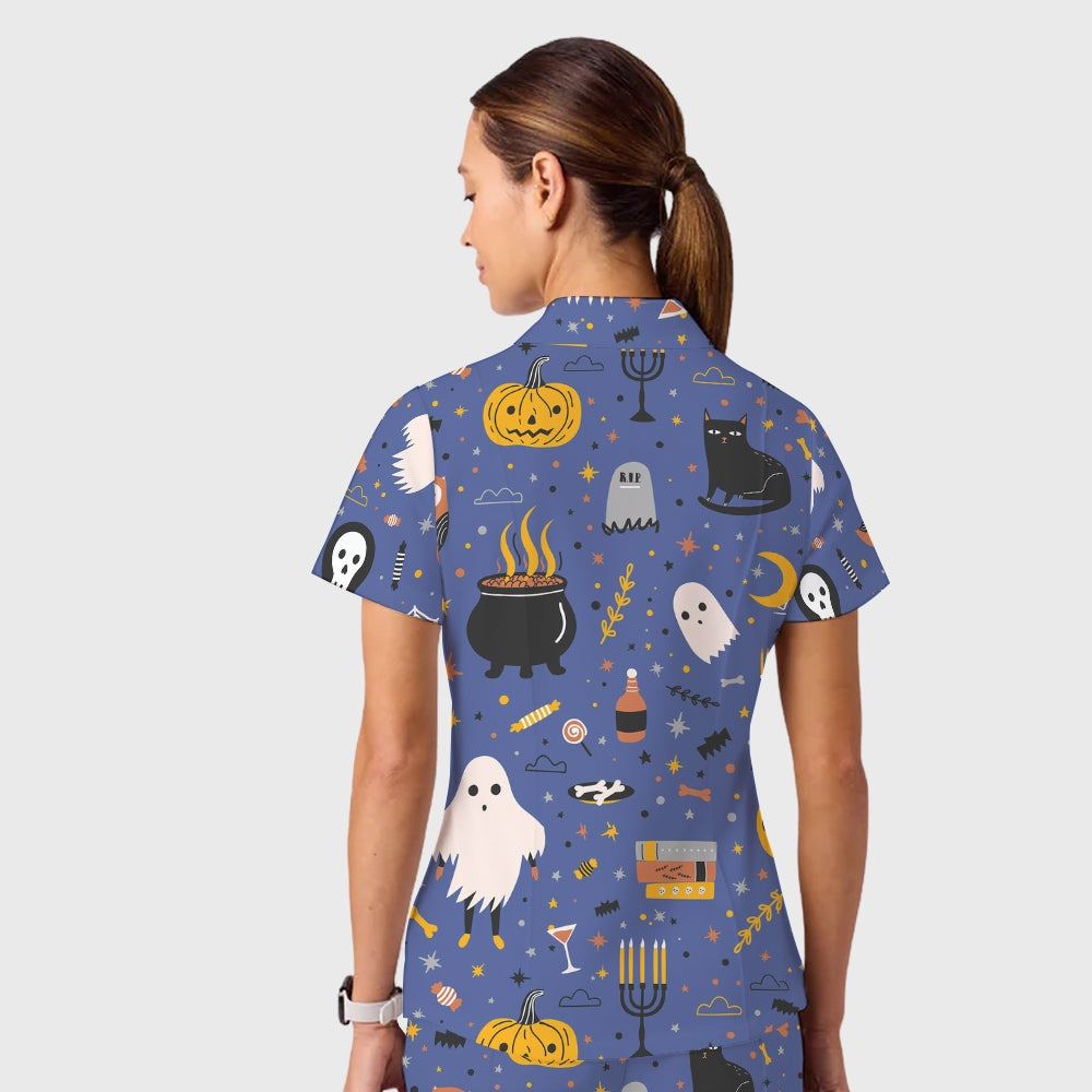 Women's Casual Shirt Collar Halloween Printed Scrub Set SJ9275