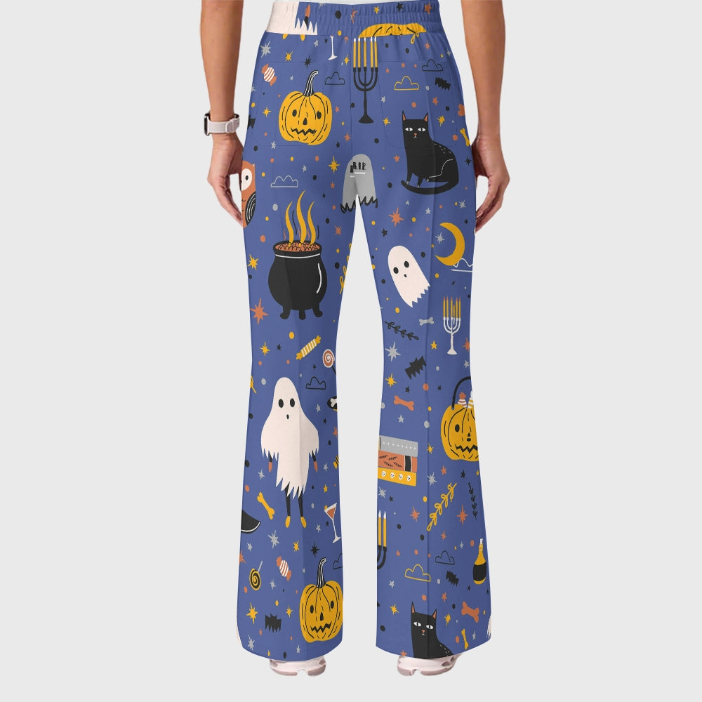 Women's Casual Shirt Collar Halloween Printed Scrub Set SJ9275