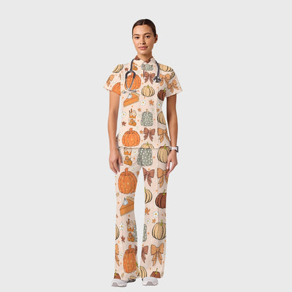 Women's Casual Shirt Collar Halloween Printed Scrub Set SJ9276