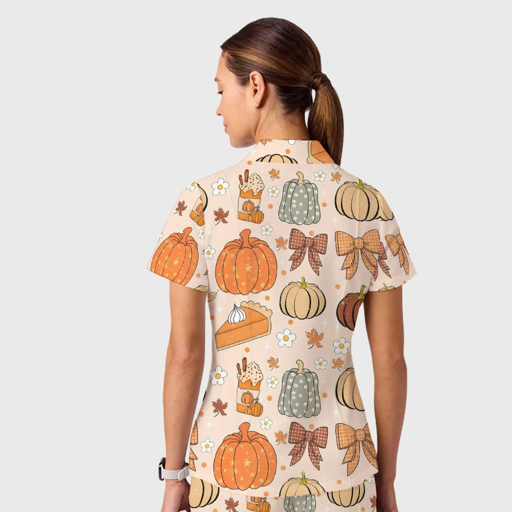 Women's Casual Shirt Collar Halloween Printed Scrub Set SJ9276