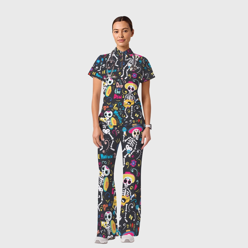 Women's Casual Shirt Collar Halloween Printed Scrub Set SJ9277
