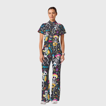 Women's Casual Shirt Collar Halloween Printed Scrub Set SJ9277