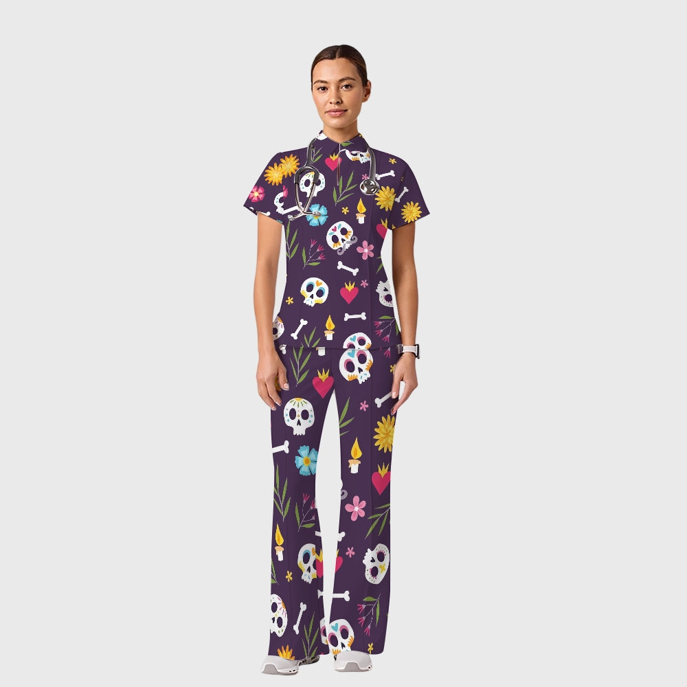 Women's Casual Shirt Collar Halloween Printed Scrub Set SJ9278