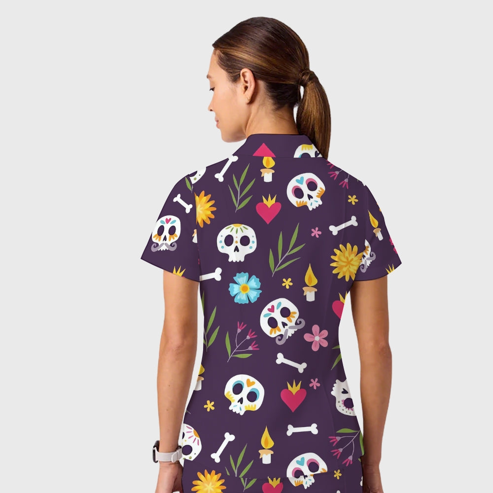Women's Casual Shirt Collar Halloween Printed Scrub Set SJ9278
