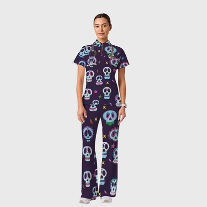 Women's Casual Shirt Collar Halloween Printed Scrub Set SJ9279