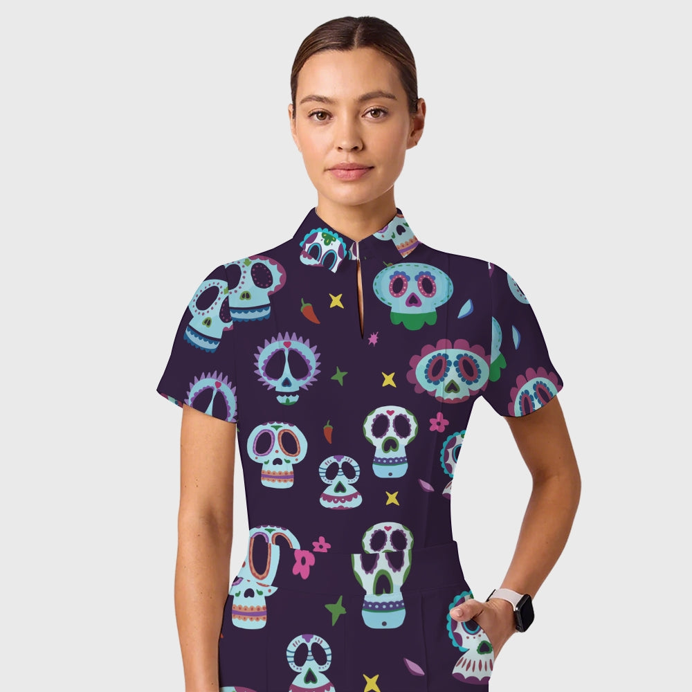 Women's Casual Shirt Collar Halloween Printed Scrub Set SJ9279