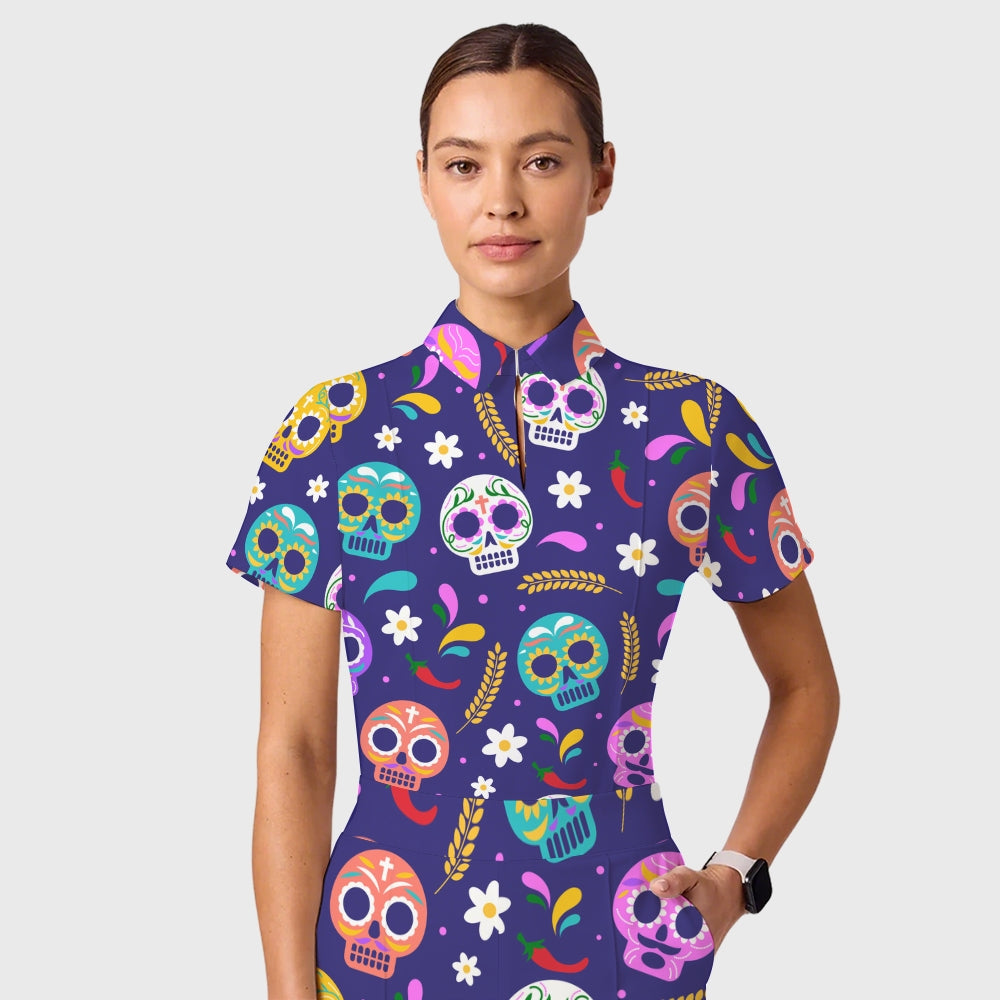 Women's Casual Shirt Collar Halloween Printed Scrub Set SJ92710