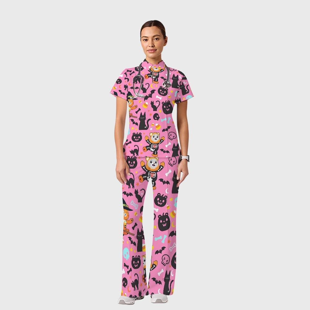 Women's Casual Shirt Collar Halloween Printed Scrub Set SJ92711