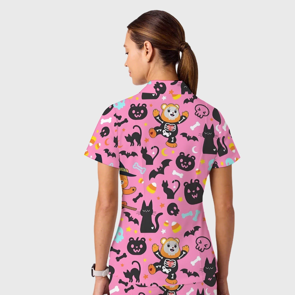 Women's Casual Shirt Collar Halloween Printed Scrub Set SJ92711