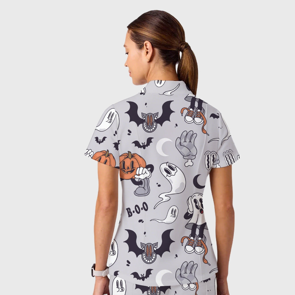 Women's Casual Shirt Collar Halloween Printed Scrub Set SJ92712