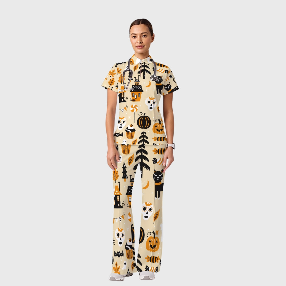 Women's Casual Shirt Collar Halloween Printed Scrub Set SJ92713