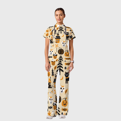 Women's Casual Shirt Collar Halloween Printed Scrub Set SJ92713