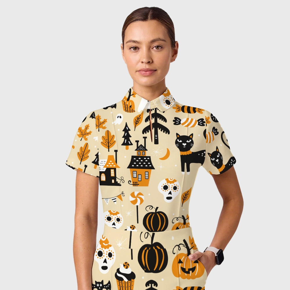 Women's Casual Shirt Collar Halloween Printed Scrub Set SJ92713