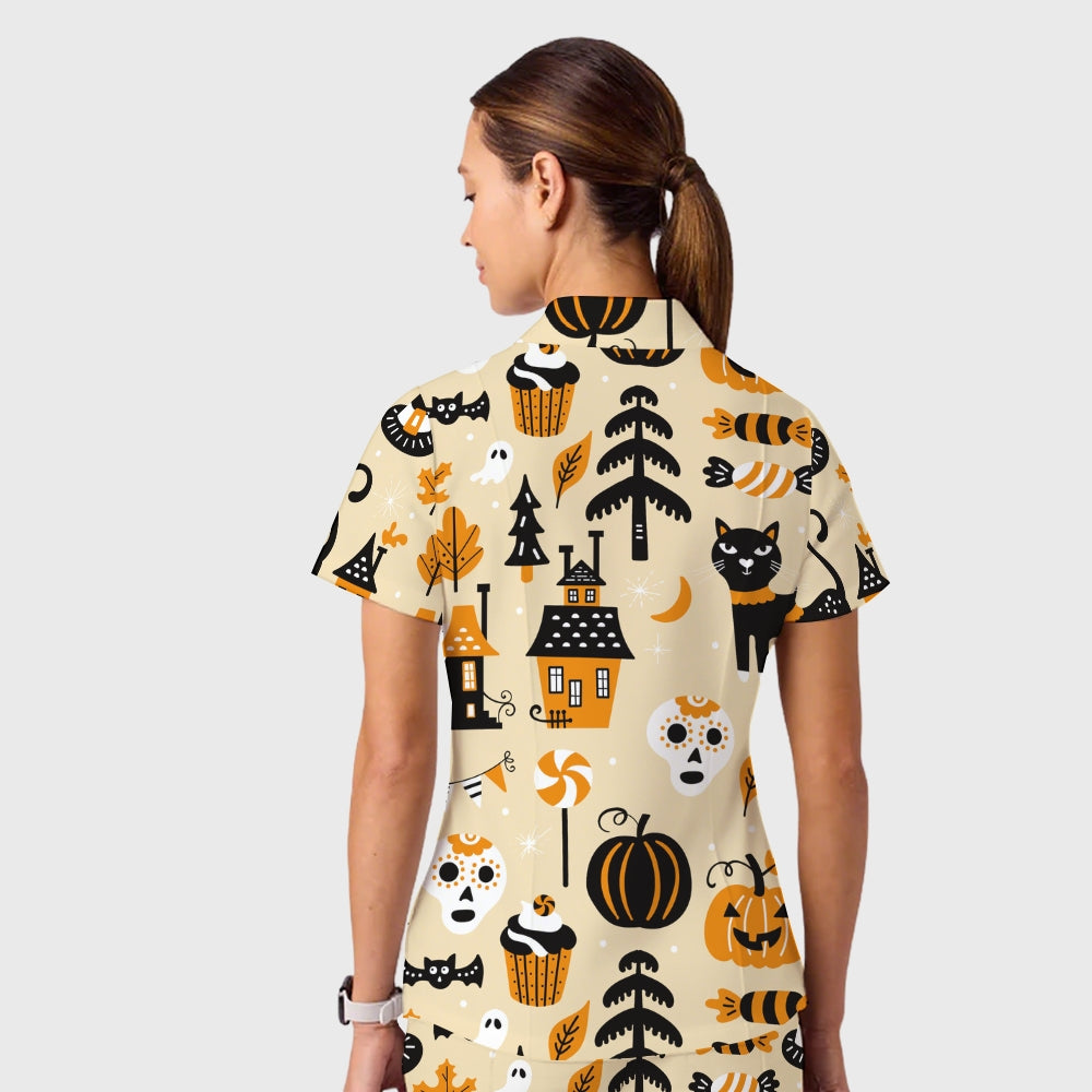Women's Casual Shirt Collar Halloween Printed Scrub Set SJ92713