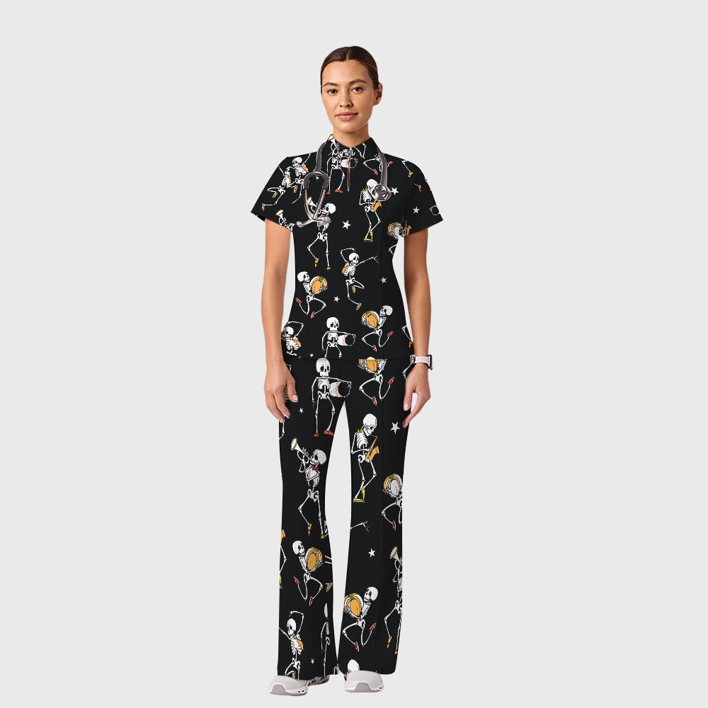 Women's Casual Shirt Collar Halloween Printed Scrub Set SJ92714