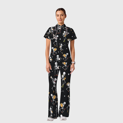 Women's Casual Shirt Collar Halloween Printed Scrub Set SJ92714