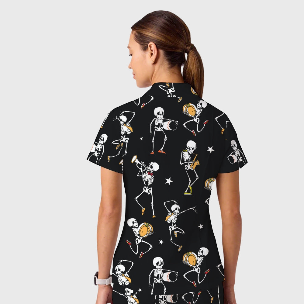 Women's Casual Shirt Collar Halloween Printed Scrub Set SJ92714