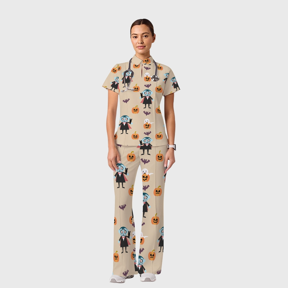 Women's Casual Shirt Collar Halloween Printed Scrub Set SJ92715